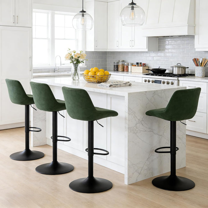 Faux Leather Adjustable Bar Stools Set of 3, Modern Swivel Barstools with Back, Black Metal Base and Footrest, Upholstered Armless Bar Chairs for Kitchen Island/Dining/Pub, Green