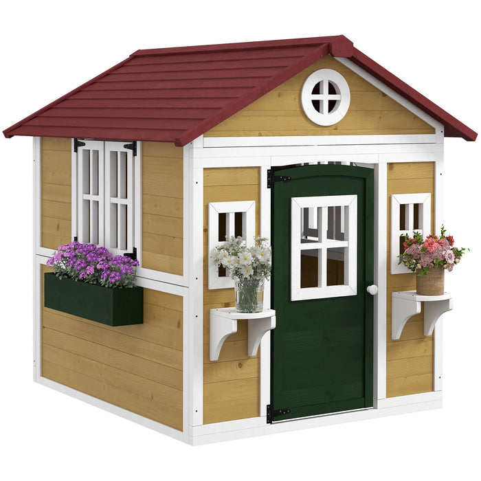 Playhouse for Kids Outdoor, Wooden Playhouse with Doors, Windows, Planter Pots and Boxes for Toddlers 3-8 Years, Backyard, Indoor, Beige