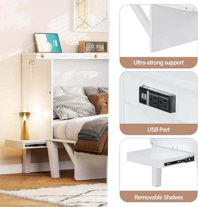 Full Size Murphy Bed, Bed with USB Port and Removable Shelves on Each Side,White