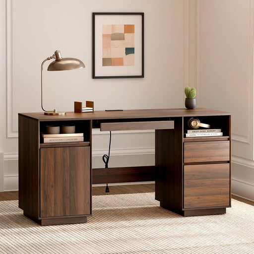 Farmhouse Executive Desk With Charging Station Brown
