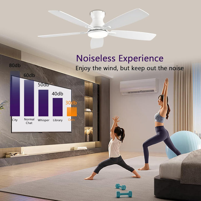 52Inch Ceiling Fans with Lights, Low Profile Ceiling Fan with Light and Remote Control/App Control, DC Reversible Motor, Noiseless, Flush Mount White Ceiling Fan for Bedroom, Indoor/Outdoor Use