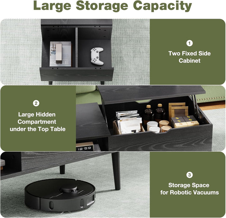 Wood Lift Top Coffee Table with Hidden Compartment and Large Storage Shelf, Lift Tabletop Dining Center Table for Home Living Room Office, Black