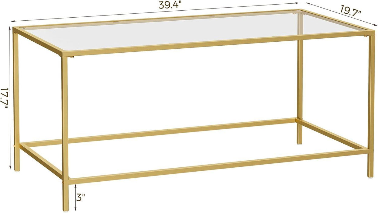 Glass Coffee Table, Modern Rectangular Coffee Table for Living Room, Minimalist Center Tea Table with Sturdy Metal Frame for Apartment, Office, Easy Assembly, 39.4 X 19.7 X 17.7 Inches, Golden