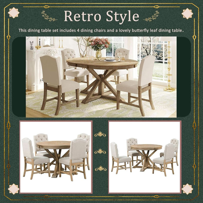 round Dining Table Set for 4-6, Extendable Kitchen Table Set with 4 Upholstered Chairs, Solid Wood Dining Table and Chairs Set for Kitchen, Dining Room, Natural