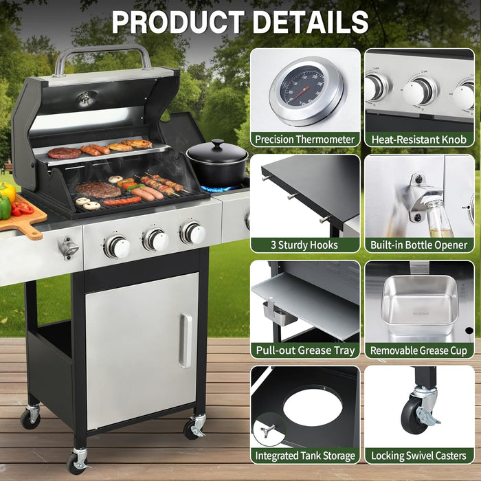 Gas Grill with Side Burner, 3-Burner Propane Grill with Porcelain-Enameled Cast Iron Grates and Double-Wall Insulated Lid, 39,000 BTU BBQ Grill with Wheels for Outdoor Cooking