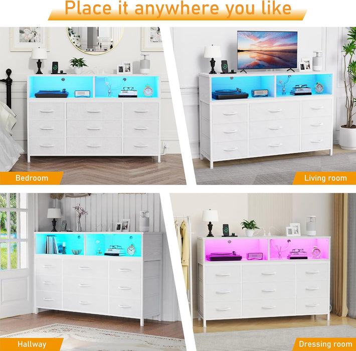 White Dresser With BuiltInLED USB Charging Station
