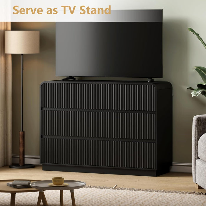 Black Dresser Fluted 6 Drawers Dresser for Bedroom, 47" Wide Wood Chest of Drawers with Hidden Handles & Rounded Corners, Modern TV Stand Storage Cabinet for Living Room, Hallway, Entryway