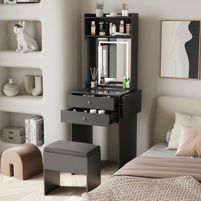 Small Vanity Desk Set with 3 Adjustable Lighted Mirror and Storage Chair Mini Black Makeup Vanities Set for Bedroom Compact Make up Dressing Table with Fold-Up Panel for Tiny Space