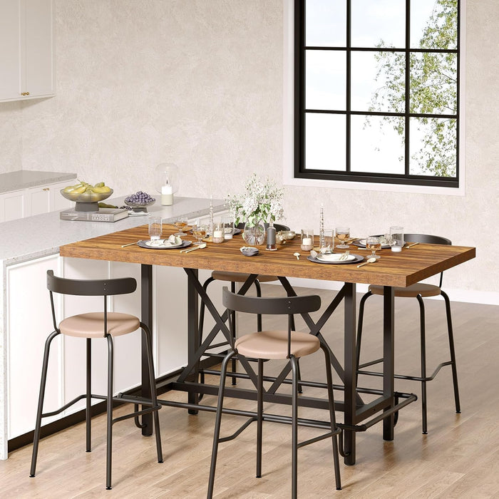 Dining Table for 6 People, Industrial Rectangular Kitchen Table with Metal Footrest, 35.43" Counter Height Dinner Table for Dining Room (Rustic Brown)