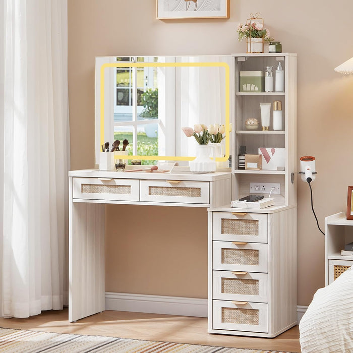 Fluted Makeup Vanity Desk with Mirror and Lights, 43.5'' Blue Vanity Table with Glass Top and Power Outlet, Make up Vanity with 6 Drawers and Adjustable Shelves for Bedroom