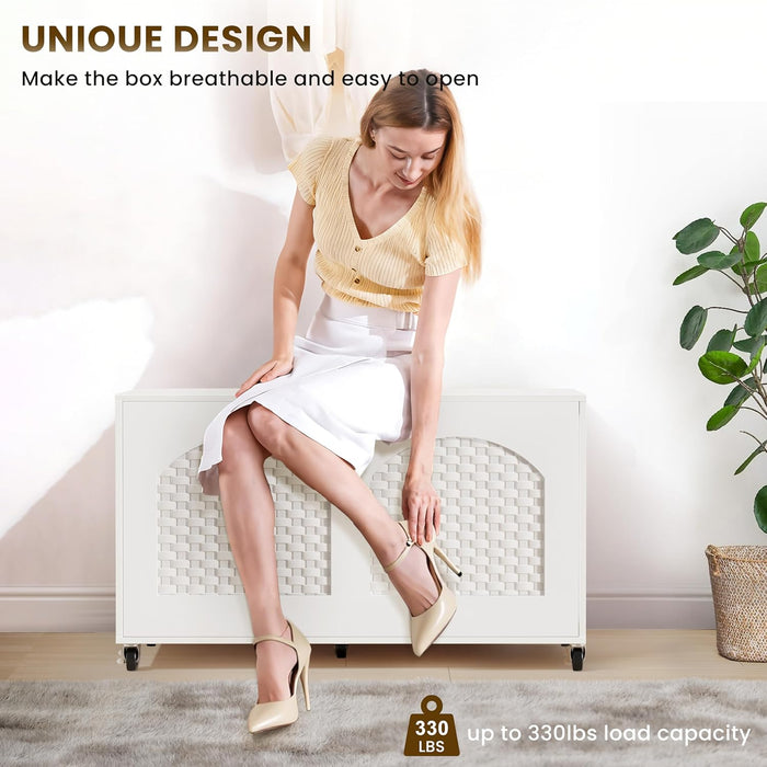 Storage Chest with Wheels,Sturdy Entryway Bench Supports 220 Lb, Shoe Bench, Safety Hinge, U-Shaped Opening,Rattan, Easy Assembly,Wooden Storage Bench for Bedroom,Living Room,Entryway (White)