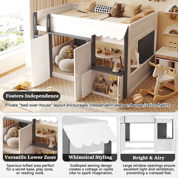 Solid Wood Full Loft Bed With PlayhouseStorageGreyFinish