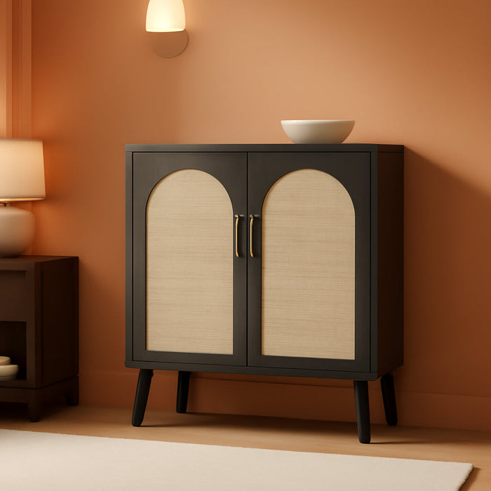 Rattan Storage Cabinet with Doors, Accent Bathroom Floor Cabinet, Modern Sideboard Buffet Cabinet for Living Room, Entryway, Dining Room and Kitchen, Black and Natural BMGZ108BM