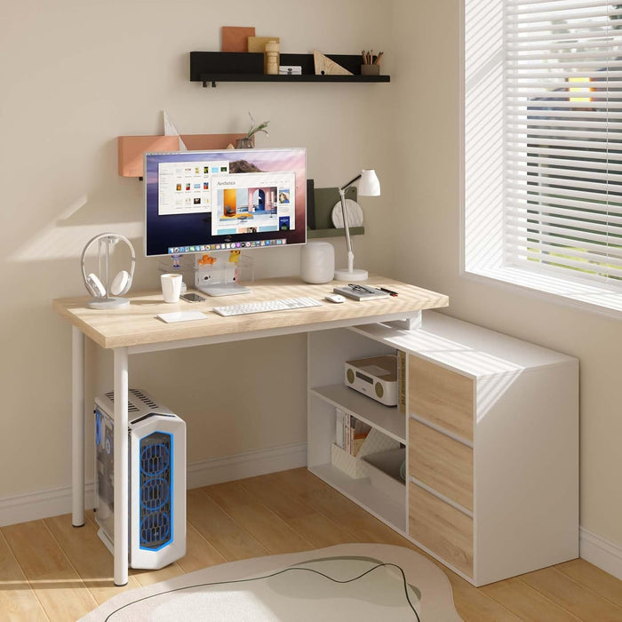 L Shaped Computer Desk, 47 Inch Home Office Desk with File Drawers & Storage Shelves, Small Corner Computer Desk for Small Space (White + Walnut)