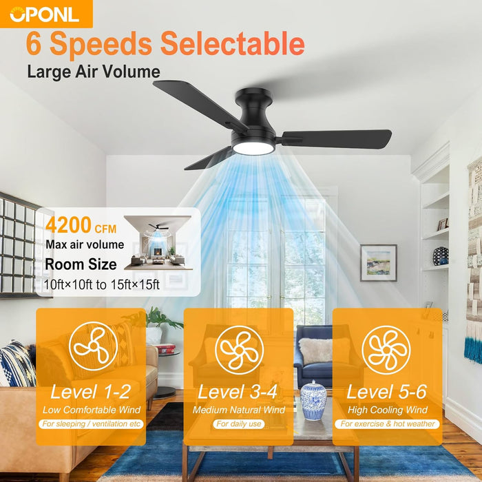 42 Inch Ceiling Fans with Light, Black Low Profile Ceiling Fan with Light, Remote Control, Flush Mount, Reversible, 6CCT, Dimmable, Noiseless, Modern Ceiling Fan for Bedroom, Indoor/Outdoor Use