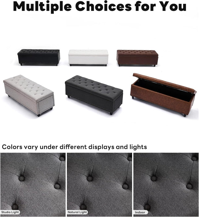 50.8“ Large Ottoman Storage Bench for Bedroom, Oversized Tufted Upholstered Entryway Benches End of Bed, Rectangle Dorm Foot Stool with Safety Hinge & Solid Wood Legs, Loads 660 Lb, Gray