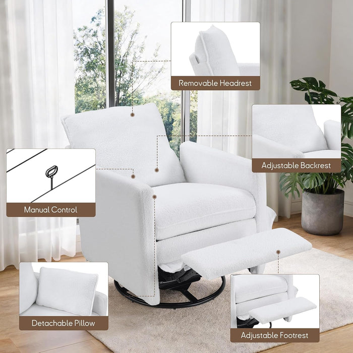 Swivel Rocker Recliner Chair, Teddy Upholstered Nursery Glider Chair, Manual Reclining Chair with Two Removable Pillows for Living Room (White)