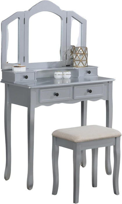 Handcrafted Silvered Wooden Vanity With Mirror Stool