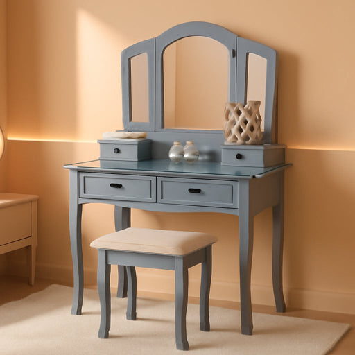 Handcrafted Silvered Wooden Vanity With Mirror Stool