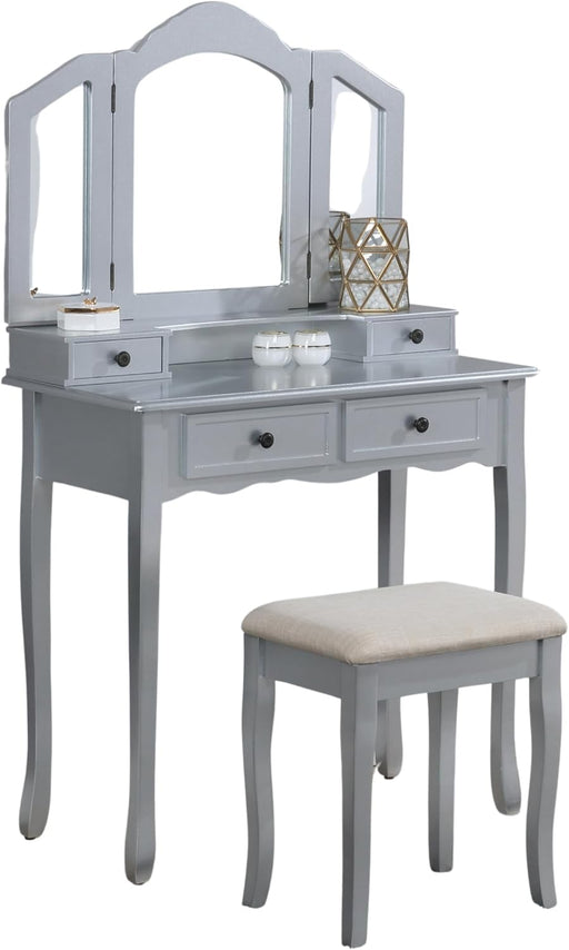 Handcrafted Silvered Wooden Vanity With Mirror Stool