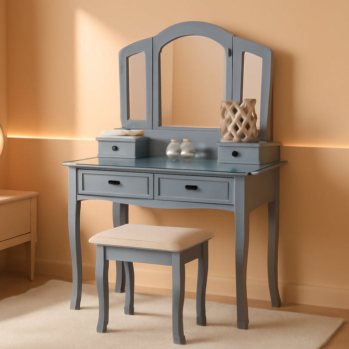 Handcrafted Silvered Wooden Vanity With Mirror Stool