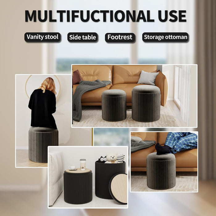 round Ottoman with Storage Set of 2, Velvet Nesting Ottoman for Living Room,Bedroom,Dorm,Rv, Flip-Up Lid Coffee Table, Upholstered Makeup Vanity Stool,Multifunctional Foot Rest 330Lbs Load Black