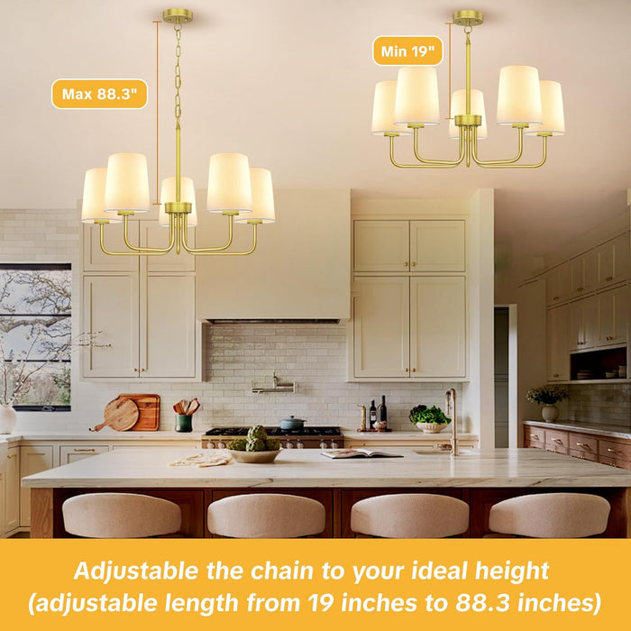 Farmhouse Chandelier, 5-Light Gold Chandelier with White Fabric Shade, Height Adjustable Modern Dining Room Light Fixture with E26 Base for Bedroom Foyer Hallway Entryway Kitchen Living Room