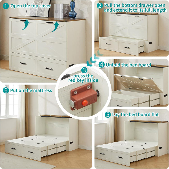 Queen Murphy Bed with Charging Station Large Storage Drawer Farmhouse Wood Space Saving Hidden Foldable Cabinet Bed for Bedroom Office School, Rustic White