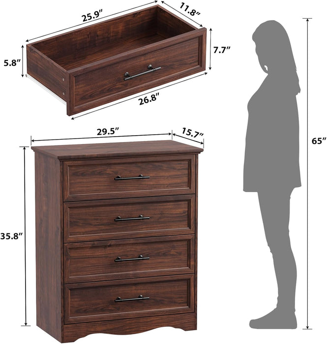 Walnut 4 Drawer Dresser for Bedroom, 36" Tall Chest of Drawers