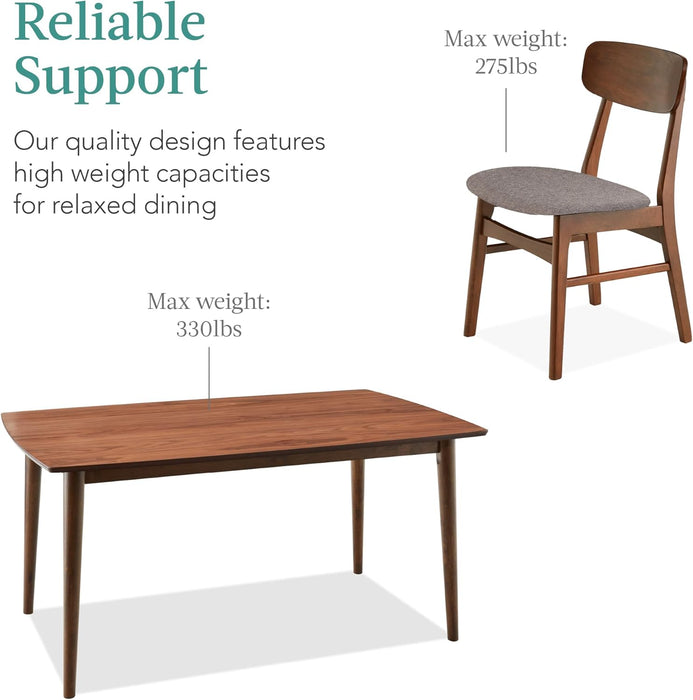 7-Piece Wooden Dining Room Table Set, Mid-Century Modern, Kitchen Table W/ 6 Chairs, Upholstered Cushions, Curved Backrests, Rounded Table Corners - Walnut/Gray