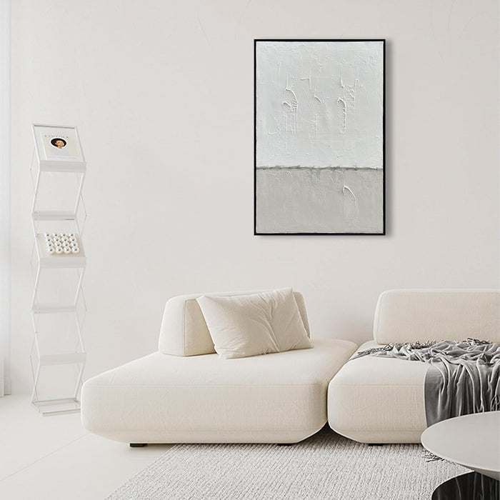 Art Hand-Painted White and Grey Art Oil Painting Modern Minimalist Abstract Art Home Office Wall Decoration Art 36X24 Inches (With Solid Wood Exterior Frame)