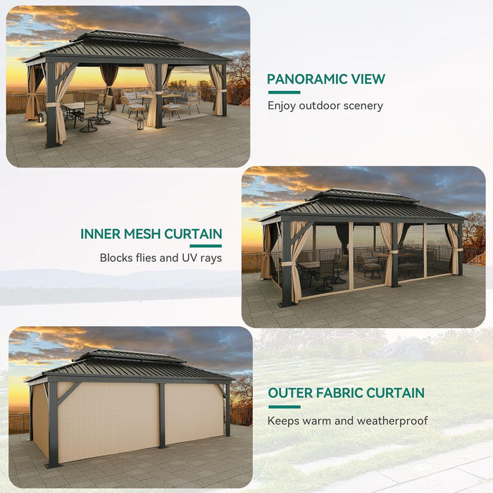 12X20Ft Gazebo Hardtop Canopy Heavy Duty Double Roof Outdoor W/Nettings and Curtains, Upgraded Aluminum Column Galvanized Steel Vertical Stripes Roof for Patio, Backyard, Deck, Lawns, Brown