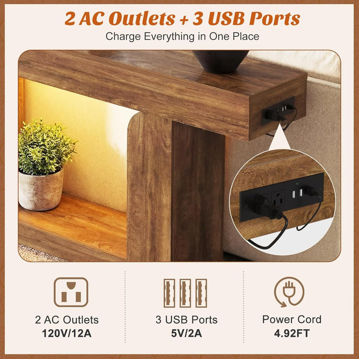 Console Table, 47" Entryway Table with LED Lights & Charging Station, Farmhouse Wooden Sofa Table behind Couch, Narrow Hallway Table for Living Room, Foyer, Entry, Rustic Oak