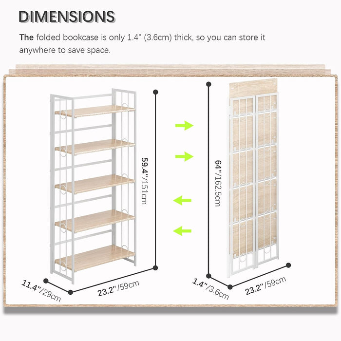 No Assembly 5 Tiers Folding Bookshelf, 59.4" H Foldable Storage Shelves Vintage Bookcase Standing Racks Study Organizer Home Office - Natural White