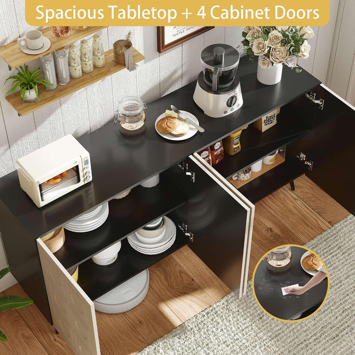 Sideboard Buffet Cabinet with Storage: 63" Oak and Black Buffet Cabinet with 4 Doors, Fluted Credenza Storage Cabinets, Mid Century Modern Sideboard for Living Room (Black & Oak)