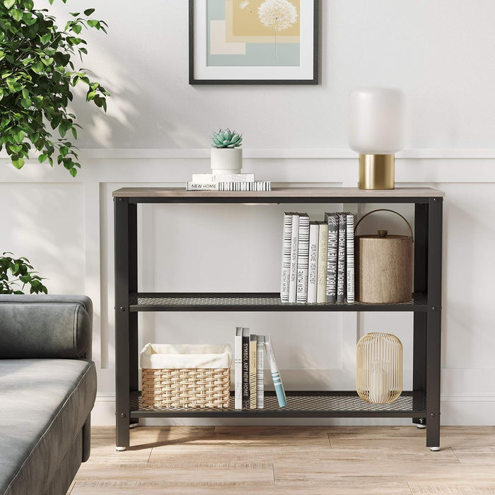 40" Industrial Console Table, 3 Tier Entryway Table with Storage Shelf, Narrow Sofa Table for Living Room, Hallway, Entrance Hall, Corridor, Bedroom, Greige and Black ULNT081B02