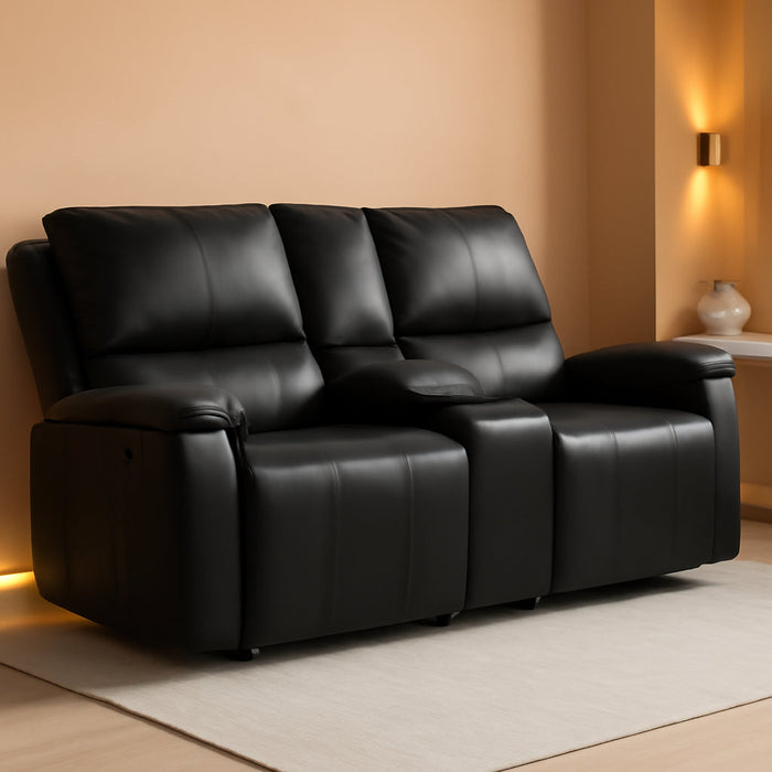 Glassmere Contemporary Leather Match Reclining Loveseat with Console, 2 Cup Holders and Storage, Black