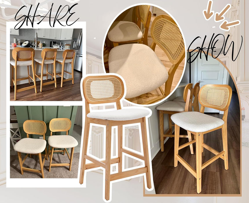 Counter Height Bar Stools Set of 2 Rattan Back Farmhouse Barstools Mid Century Modern Wood Bar Chairs Comfortable Sherpa Upholstered Kitchen Island Chairs for Pub/Breakfast, Beige