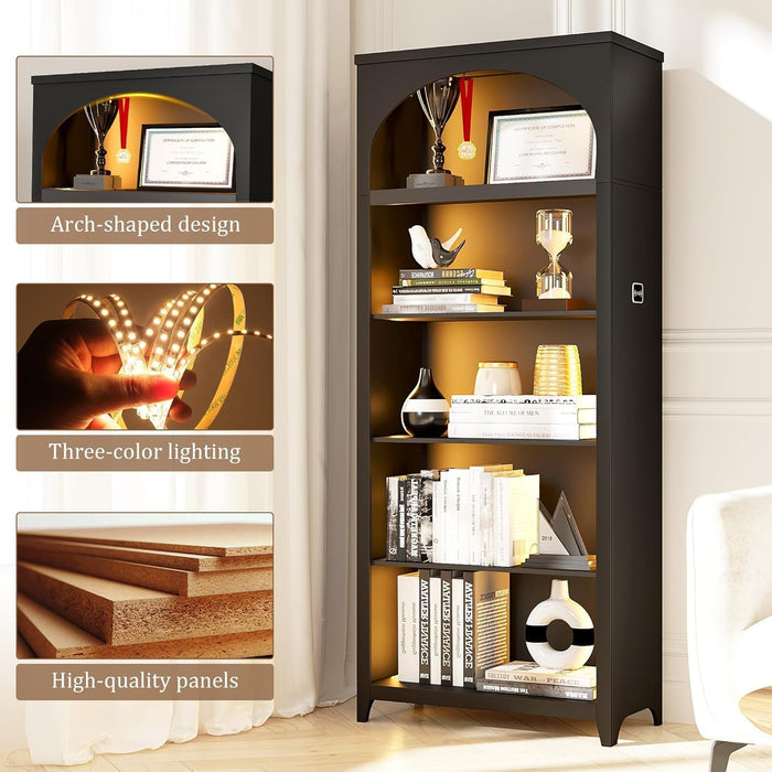 70" Arched Bookshelf with LED Lights, 5-Tier Storage for Displaying