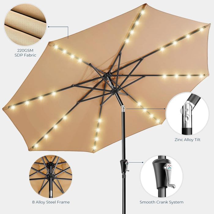 9Ft Solar Patio Umbrella - Solar Lights LED Lighted Outdoor Market Table Umbrella, UPF50+ UV Protection with Push Button Tilt, Crank for Pool Deck and Garden (Beige)