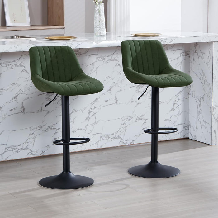 Faux Leather Adjustable Bar Stools Set of 3, Modern Swivel Barstools with Back, Black Metal Base and Footrest, Upholstered Armless Bar Chairs for Kitchen Island/Dining/Pub, Green