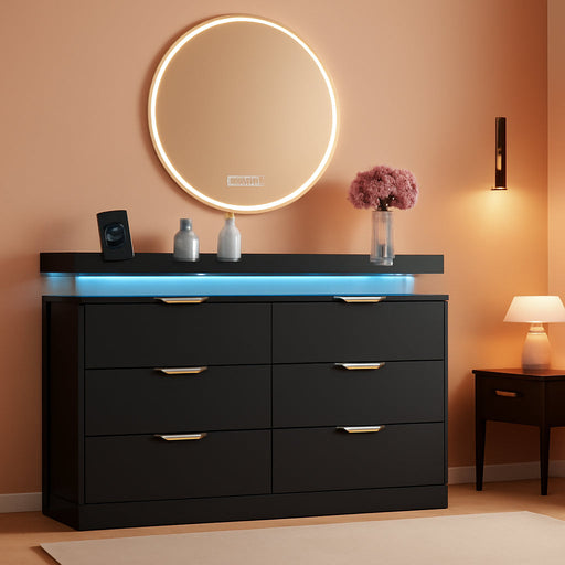 6 Drawer Dresser for Bedroom, Black Dresser with LED Lights and Power Outlet, Modern Chest of Drawers for Closet, Double Wide Drawer Organizer Cabinet for Bedroom, Living Room, Entryway, Hallway