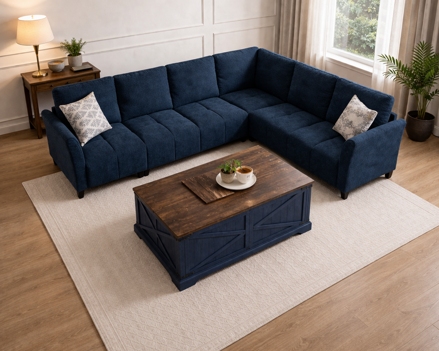 103 Inch Blue L-Shaped Sectional Sofa with Lift Top Storage Coffee Table Set