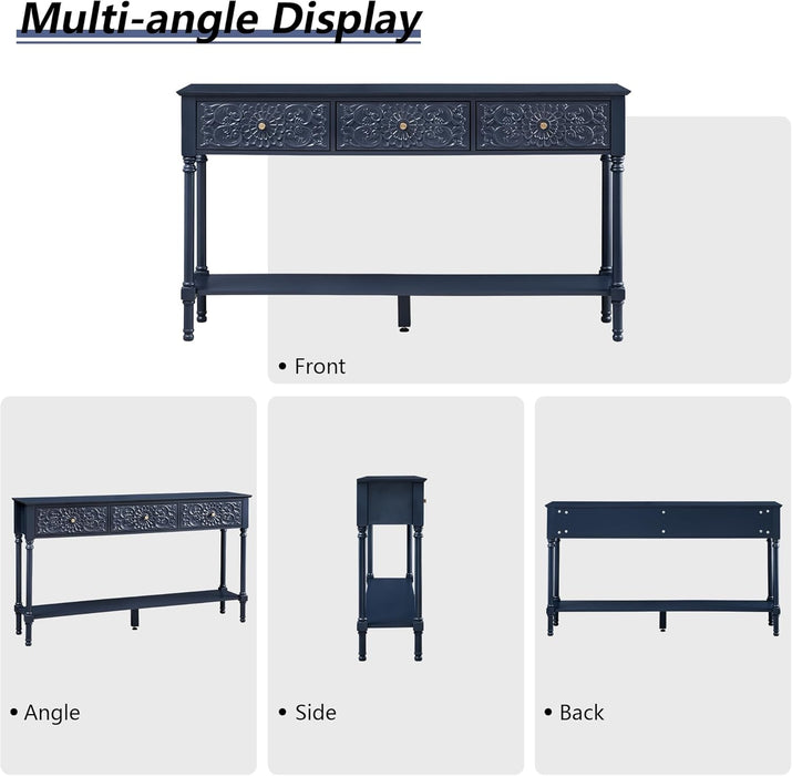 55.5" Carved Console Table with 3 Drawers, 2-Tier Sofa Table with Glossy Floral Surface and Solid Wood Legs, Mid-Century Modern Entryway Table for Living Room Hallway (Midnight Blue)