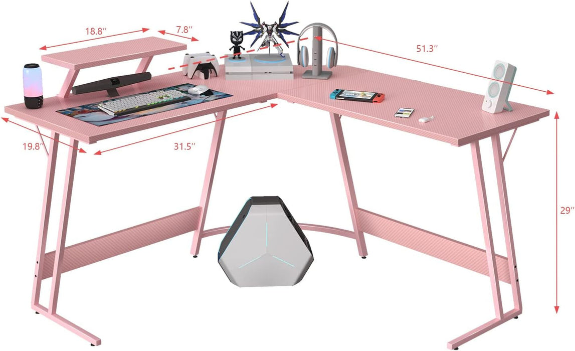Pink L Shaped Gaming Desk Computer Corner PC Desk Table with Large Monitor Stand for Home Office Studying Writing Workstation, Gift for Girls and Women (Pink, 51 Inch)
