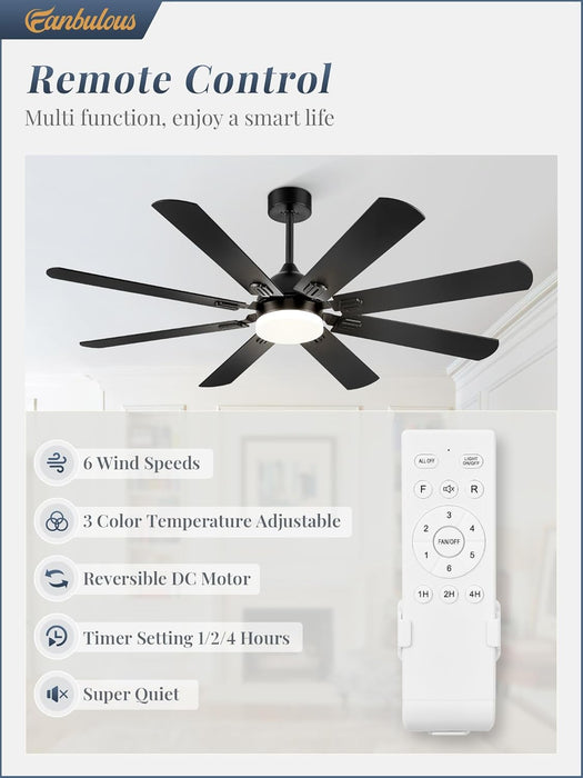 62 Inch Ceiling Fans with Lights, Black Modern Ceiling Fan with Remote,Large Farmhouse Indoor & Outdoor Ceiling Fan with 8 Dual Finish Blades, Quiet DC Motor, Bright LED Light