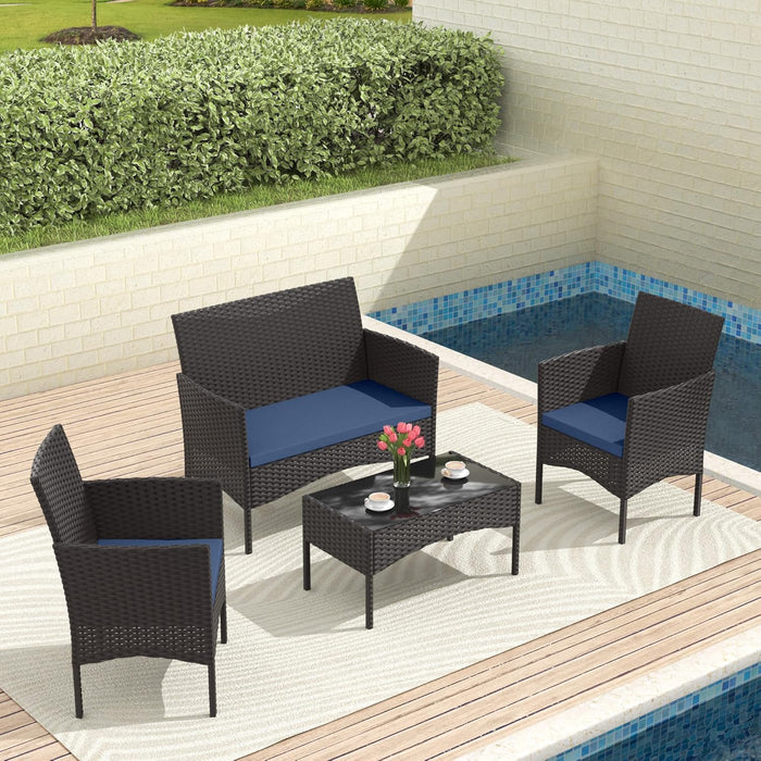 4-Piece Outdoor Patio Furniture Set, Wicker Rattan Chairs & Sofa with Cushions and Glass Coffee Table, Conversation Set for Backyard, Lawn, Porch, Pool, Garden (Navy-2)
