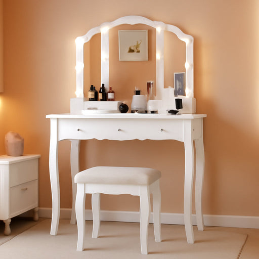 Makeup Vanity with Lights, Vanity Desk with Lighted Mirror and Stool, Vanity Table Set with 5 Drawers, 3 Light Settings, Adjustable Brightness, White
