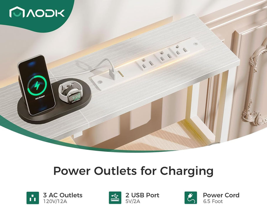 48" Computer Desk with Fabric File Cabinet and Drawer, Reversible Office Desk with Power Outlet and LED Light, Study Desk with Printer Stand, Keyboard Tray, Full Monitor Riser and PC Stand, White