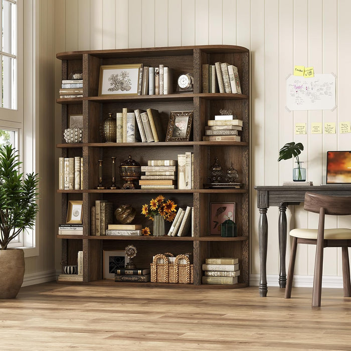 5-Tier Wood Book Shelf, 47" Wide Large Bookshelf and Bookcase, 62" Tall Bookshelf with Curved Side Shelves, Freestanding Wood Display Book Shelves for Living Room, Home Office, Walnut